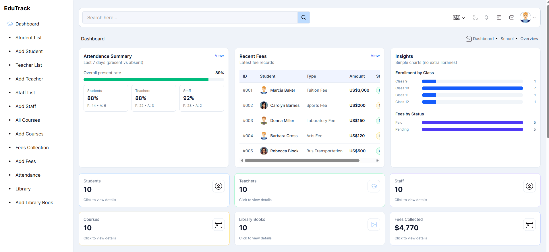 Free Modern School Dashboard Template (EduTrack) – React + Tailwind CSS, Reusable Admin Panel